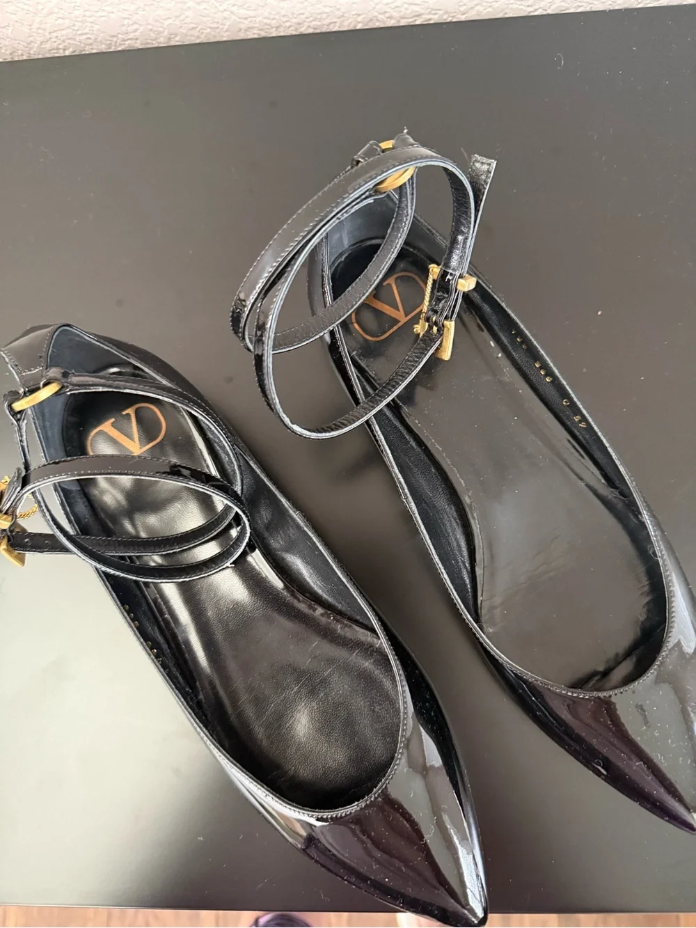 Valentino Garavani Black Patent Leather Pointed Ankle-Strap Flats